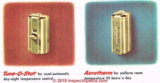 Honeywell Time-O-Stat day-night thermostat and Honeywell Acratherm thermostat in 1950 (C) InspectApedia.com