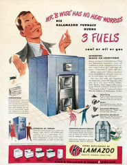 Kalamazoo heating furnace ad from 1948 - at InspectApedia.com