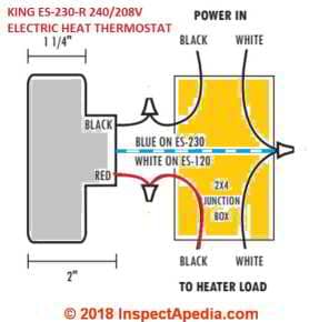 King ES-230 208/240VAC room thermostat for electric heat, simple wiring diagram (C) InspectApedia.com