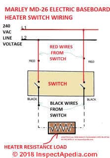 Wiring details for hooking up a Marley D-26 wall-mounted line voltage thermostat to connect with an electric baseboard heater (C) InspectApedia.com