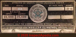 Mueller Climatrol heater data tag (C) InspectApedia.com