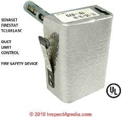 Senaset Firestat HVAC duct fire safety device, fan limit control at InspectApedia.com