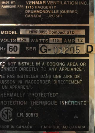 Venmar HRV Heat Recovery Ventilator Recall Model HRV 3055 (C) InspectApedia.com Andrea