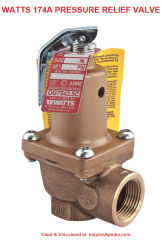 Watts 174A pressure relief valve cited & discussed at InspectApedia.com