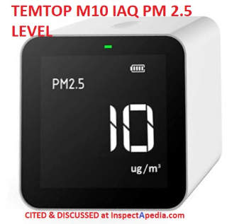 Temtop M10 IAQ Monitor displaying PM2.5 level in ug/M3 or micrograms per cubic meter (C) InspectApedia.com & Temptop