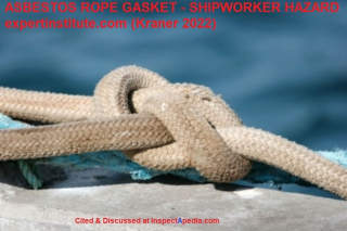 Photo of presumably asbestos rope gasket, adapted from & citing expertsinstitute.com  Kraner, Inna, J.D., Ship Worker Gets Mesothelioma From Using Asbestos Rope,  cited & discussed at InspectApedia.com