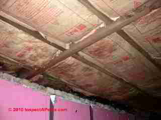 Basement ceilign insulation and vapor barrier placement © D Friedman at InspectApedia.com 