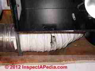 Damaged bath exhaust vent duct © D Friedman at InspectApedia.com 