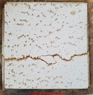 Acoustic ceiling tile from a 1962 Minnesota home - not asbestos (C) Daniel Friedman at InspectApedia.com