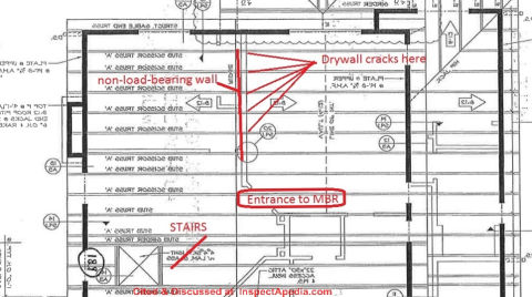 Ceiling/wall drywall cracks, damage, where roof trusses pass over non-load-bearing wall (C) InspectApedia.com Benefiel