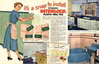 Pittsburgh Interlock Plastic Wall tile advertisement ca 1960 cited and discussed at InspectApedia.com