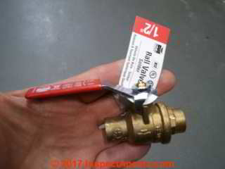 Ball valve for sale at a Home Depot store (C) Daniel Friedman InspectApedia.com