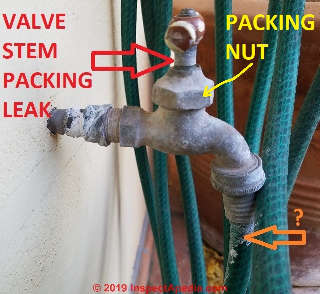 Leaky hose faucet with mineral deposits at valve stem (C) Daniel Friedman at InspectApedia.com