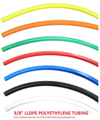LLDPE Polyethylene tubing in white, black, blue, red, green, orange or yellow from freshwatersystems.com cited & discussed at InspectApedia.com
