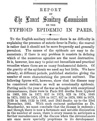 Lancet Paris France issue 121 1883 citing typhoid epidemic  (C) InspectApedia.com 