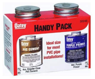 Oatey Handy Pack includes PVC cement and purple primer - cited & discussed at InspectApedia.com