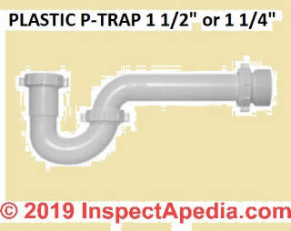 Plastic P-trap in 1 1/2" or 1 1/4" diameter size (C) InspectApedia.com