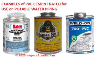 PVC piping cements used on potable PVC water piping cited & discussed at InspectApedia.com