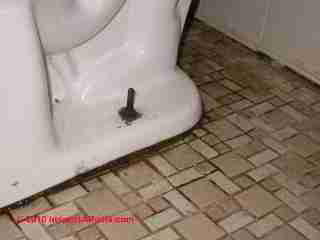 Loose toilet base or bad wax ring leaks around the toilet (C) Daniel Friedman at InspectApedia.com