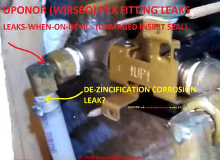 Leaks at UPONOR TuffPEX connector seal to shower control + probable de-zincification leak at tubing connection to fitting (C) InspectApedia.com reader S.C.