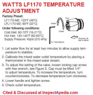 Watts LF1170 LFL1170 Mixing Valve Temperature Adjutment - cited & discussed at Inspectapedia.com
