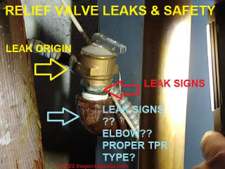 Leak indications at the relief valve on a gas fired 1990s Weil McLain hydronic boiler, Two Harbors MN (C) InspectApedia.com A Church