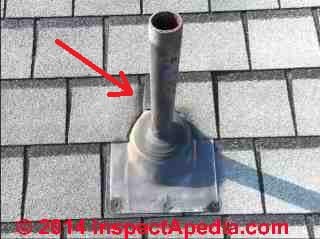 Improper shingle exposure, leak at plumbing vent (C) InspectAPedia Pam Lewis