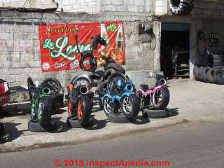 Recycled tires converted to childrens playground toys, Huasca Hidalgo, Mexico (C) Daniel Friedman at InspectApedia.com