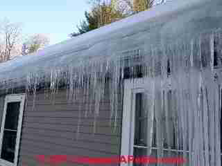 Ice dam and leaks at roof © D Friedman at InspectApedia.com 
