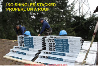 IKO shingles stacked properly on a roof - IKO, cited & discussed at InspectApedia.com