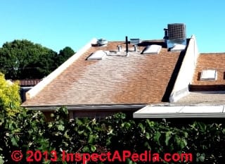White stains on asphalt shingle roofs in New Mexico (C) InspectAPedia & JM