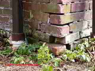 Water damaged brick foundation © Daniel Friedman at InspectApedia.com
