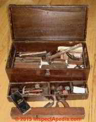 Antique carpenters' toolbox with wood block planes, Hoppus' Measurer & other hand tools (C) Daniel Friedman