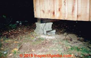 Inadequate DIY concrete block used as pier (C) InspectApedia.com Carson Dunlop Associates Toronto