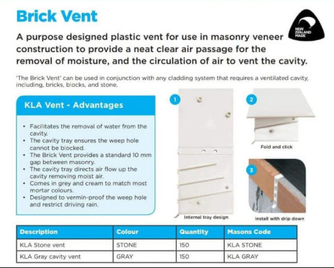 KLA Building Products masonry veneer vent specifications cited at InspectApedia.com 