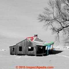 Roof sag and wall bulge outwards at a collapsing building in Dutchess County, NY © Daniel Friedman at InspectApedia.com