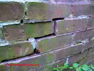 Brick wall frost damage © Daniel Friedman at InspectApedia.com