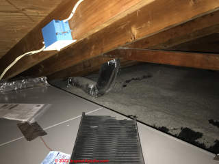 Crimped exhaust vent fan duct limits fan capacity and may result in excessive bathroom moisture or condensation (C) InspectApedia.com  Hornberger P